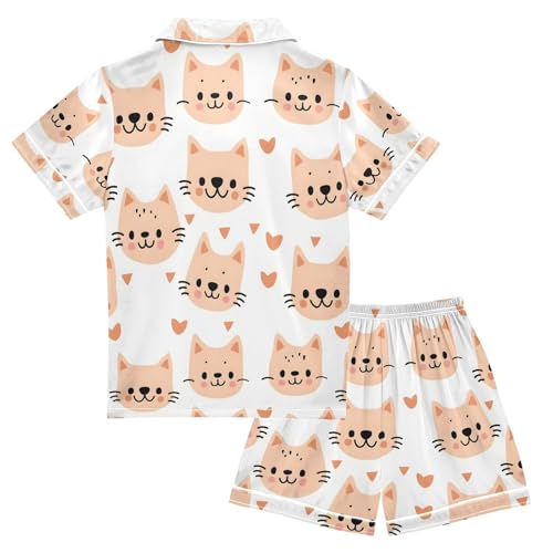 ALAZA Cat Heart Love White Pajamas Satin Pajama Set Short Sleeve Button Down Sleepwear2