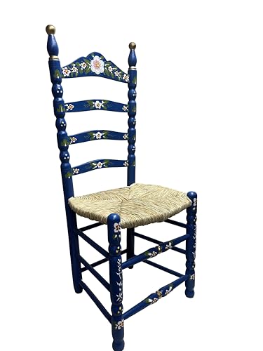 Genérico Silla Tradicional Sevillana, Madera con Asiento de Enea, Estilo Rústico, Decoración Floral, Interior, 105x45x40 cm, No Requiere Montaje (Azul)