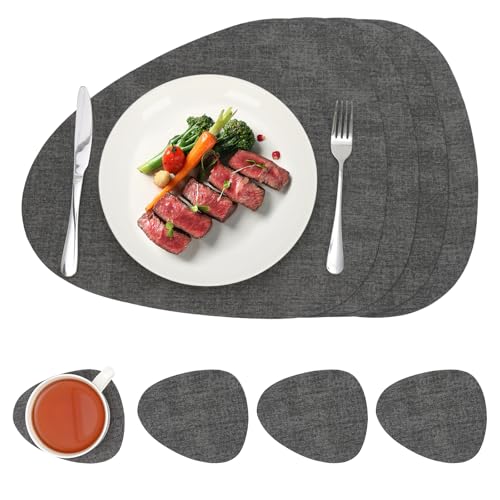 Syrads Manteles de Mesa y Posavasos Manteles Individuales de Cocina Impermeables Alfombrillas de café Manteles Individuales 4 Posavasos,Gris Oscuro