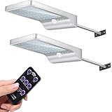 Romatpretty Solar Gutter Lights Wall Sconces Remote Control with Mounting Pole, 48 LED Motion Sensor Outdoor Security Lighting for Garage Porch Barn Fence, 2 Pack, White