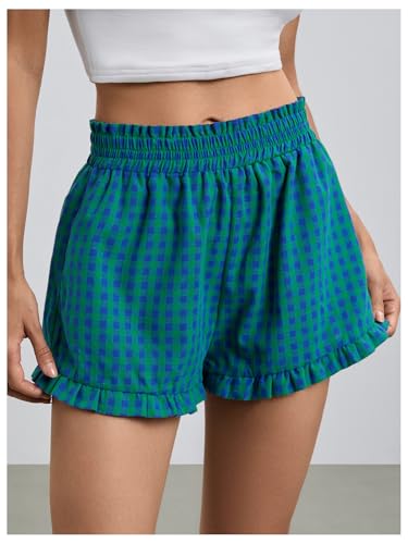 Image of MakeMeChic Women's Gingham Ruffle Lounge Shorts Elastic High Waist Pajamas Boxer Shorts
