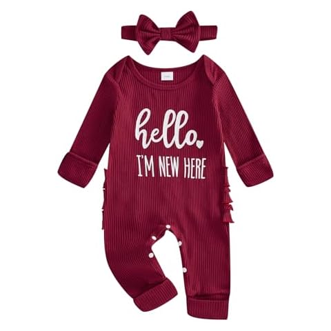 One opening Preemie Baby Girl Clothes I'M NEW HERE Romper Jumpsuit Ribbed Long Sleeve Sleeper Baby Necessities Coming Home Outfit (Red, Newborn) Cover