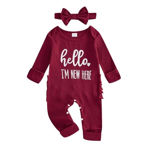 Image of FIOMVA Im New Here Newborn Outfit Girl Long Sleeve Letter Romper Ribbed Knit Jumpsuit Baby Girl Preemie Coming Home Outfit