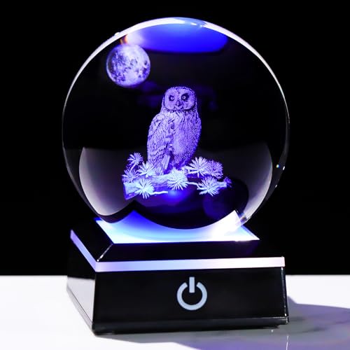 Image of Arikyrist 3D Owl Crystal Ball Figurine with LED Base Laser Owl Gifts for Men Women Owl Lovers on Christmas Birthday Decorative Owl Statue Ball Glass Animals Globe Night Light for Home Decor (80mm)