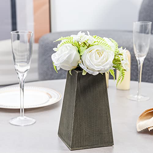 Mygift Decorative Artificial White Rose Bouquet Arrangement Fake Flowers For Decoration In Vintage Gray Brown Tapered Wood Vase #TOP1