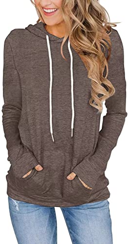 Feekeke Women's Long Sleeve Teen Girl Hoodies Tops Casual Drawstring Pullover Sweatshirt With Pocket Brown Small #TOP6
