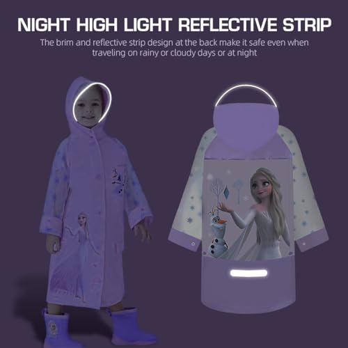 Image of PALAY Rain Coat for Kids Frozen Poncho Raincoat for Kids Girls Boys With Pockets Wide Brim Hooded Poncho Safe School Bag Rain Cover Frozen Elsa print