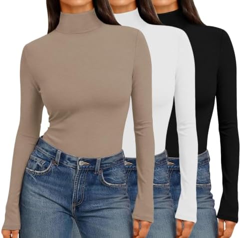 Ekouaer Langarmshirt Damen Rollkragen Thermo Oberteil 3 Pack | Slim Fit, 4-Wege-Stretch, Atmungsaktiv, Basic, Einfarbig, Weich, Ideal für Alltag sowie zum Skifahren bei Kaltem Wett