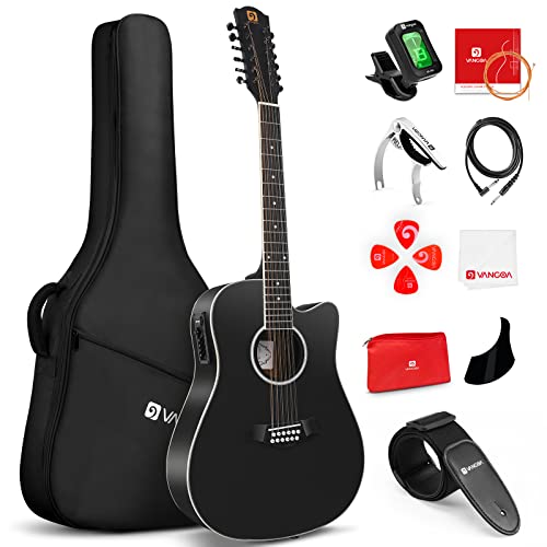 Vangoa 12 strun gitara elektryczna akustyczna Cutaway 104 cm dwunastostrunowy zestaw gitarowy dla początkujących, czarny