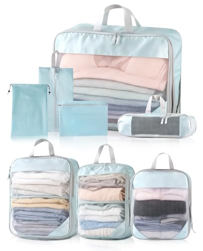 UULANFA 旅行用圧縮袋 トラベルポーチ 8点セット – 防水 大容量 圧縮バッグ 衣類/下着収納 省スペース 出張 海外旅行 荷物整理 (湖の青/8P)