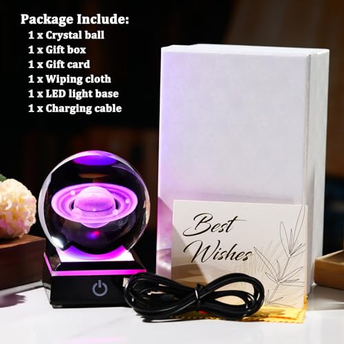 Image of Arikyrist 3D Saturn Crystal Ball Figurine with LED Base, Laser Engraved Glass Planet Model Sphere Gifts for Home Office Decor, Saturn Planet Model Space Universe Gifts for Astronomy Lovers (80mm)