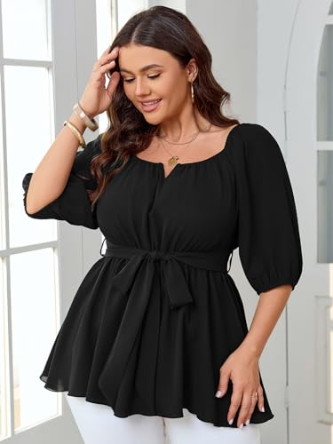 Women's Plus Size Square Neck Peplum Blouses Dressy Tops 3/4 Puff Sleeve Empire Waist Tie Ruffle Hem Babydoll Top2