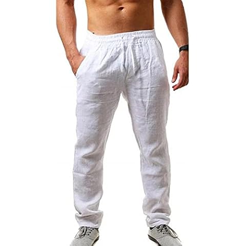 Sprifloral Men's Linen Casual Pants Drawstring Lightweight Summer Beach Trouser White L Cover