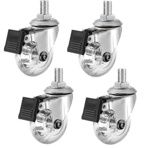 NBKJDSXL 4 Stück Lenkrollen für Möbel, mit Gewindestiften M8 x 15, Kugellagern, transparente Gummi-Lenkrollen, Transportrollen - transparent, mit Bremse (50mm)