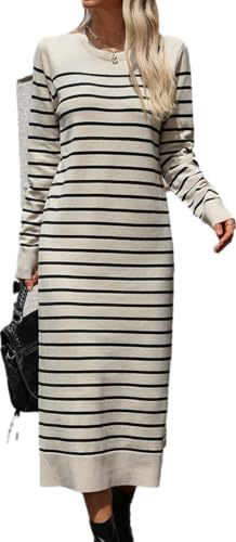 LOUSEA Womens Striped Knitted Dress Long Sleeve Crewneck Sweater Maxi Dress Stripe Print Fall Striped Sweater Dresses (Apricot,S) at Amazon Women's Clothing store LOUSEA Womens Striped Knitted Dress Long Sleeve Crewneck Sweater Maxi Dress Stripe Print Fall Striped Sweater Dresses (Apricot,S) at Amazon Women's Clothing store