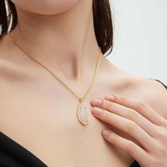 G&GEMSJEW Natural Stone Pendant Heart & Teardrop & Irregularity Necklace for Women | 18K White Gold Plated Chain | Natural Rose Quartz & Moissanite | Adjustable 18"+2" Jewelry - Image 6