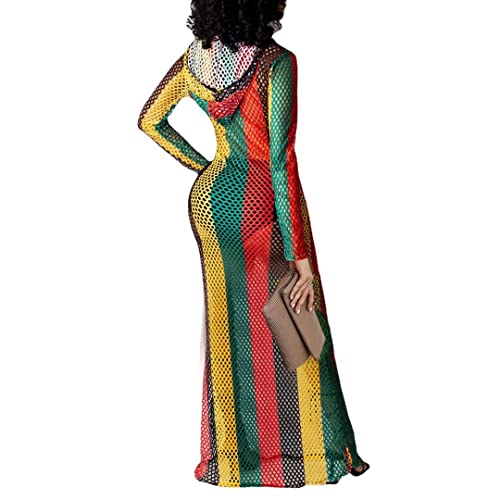 Women Rainbow Strip Long Sleeve Hollow Out Fishnet Crochet Maxi Dress Bathing Suit Swimwear Cover Ups Rainbow Strip Xl #TOP1