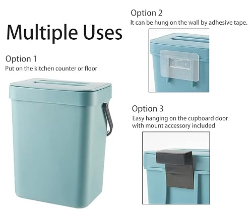 Small Trash Can With Lid For Counter Top Or Under Sink Blue Plastic Waste Bin Hanging Kitchen Compost Bin For Bathroom/Bedroom/Office/Car 1.3Gallon #TOP2