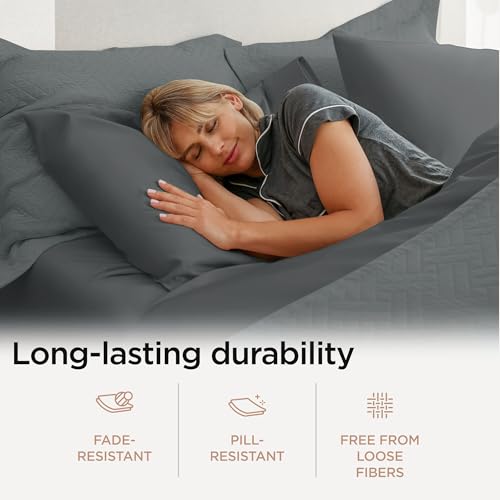 Image of Threadmill 100% Cotton Sheets for Full Size Bed - 600 Thread Count Full Bed Sheets Set with 16 inch Deep Pocket - Sateen Weave 4-Piece Bedding Set with Cooling Effect, Dark Grey