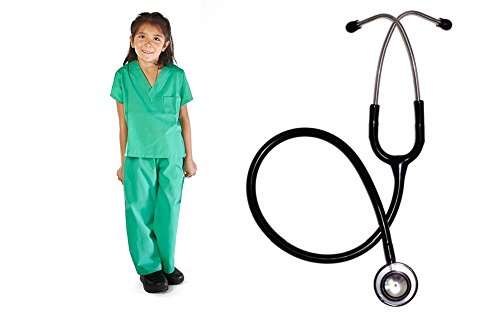 Super Soft Children Scrub Set with Black Stethoscope COMBO Kids Doctor Dress up (5/6, Surgical Green)