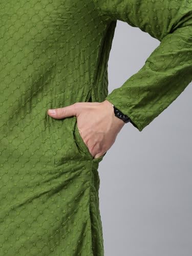 Image of Majestic Man Men's Cotton Blend Regular Fit Casual Polyester Mandarin Collar Ethnic Motifs Embroidered Long Regular Kurta