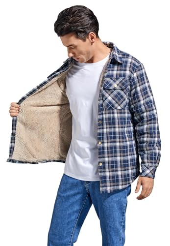 Image of Men's Sherpa Cotton Flannel Shirt Jacket Plaid Button Coat Pocket