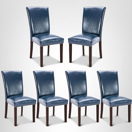 COLAMY Upholstered Parsons Dining Chairs Set of 4, PU Leather Dining Room Kitchen Side Chair with Nailhead Trim and Wood Legs - Blue