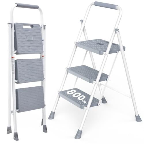 KMFurnila Step Ladder 3 Step, ...er Step Stool for Adults, Grey