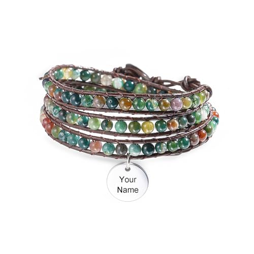 MOWOM Personalizada Multicapa Brazalete de Abalorios para Mujer Nombre Grabado Foto Pulsera de Agata Natural en Capas Estilo Bohemio Pulseras Ajustables Joyería Hecha a Mano A5