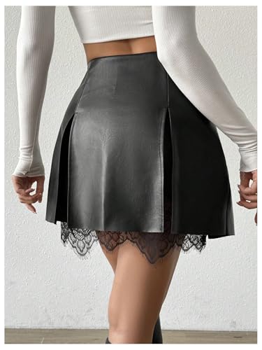 MakeMeChic Women's Faux PU Leather Skirt Floral Lace Split Hem Mini Skirts2