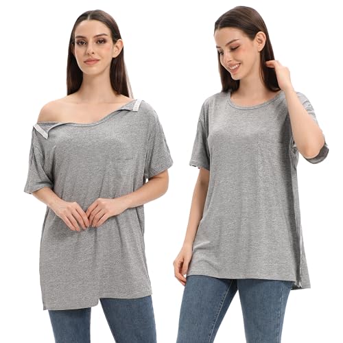 Unisex Post Shoulder Surgery Shirts for Men Rotator Cuff Chest Recovery Shirt Women Full Snap Access Dialysis Chemo Clothing X-Large Grey