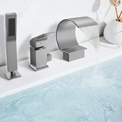Waterfall Tub Faucet with Handshower: EVERSTEIN Roman Bathtub Faucets Set with Handheld Sprayer, Deck Mount Solid Brass Tub Filter,Brushed Nickel by EVERSTEIN - Used condition - US$116.58