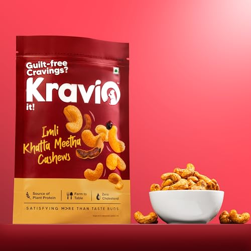 Image of Kravio Premium Imli Khatta Meetha Roasted Cashew Nuts 200g | Zero Cholesterol Natural Jumbo Size Whole Kaju Nuts & Dry Fruits | Rich in Protein, Roasted Crunchy Delicious Healthy Snacks