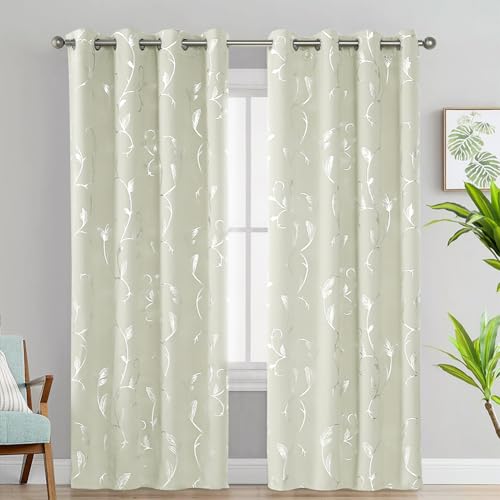 BUHUA Blackout Curtains Silver Foil Print Flower Vine Grommet Drapes, Room Darkening Thermal Insulated Curtains, Noise Reducing Curtain for Bedroom, Cream, 52Wx63L, 2 Panels by BUHUA - Used condition - Image 2