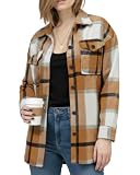NY Threads Women's Flannel Shirt Plaid Shacket Fall Outfit Relaxed Fit Button Down Long Sleeve Top Casual Jacket for Women, Small, Brown/White