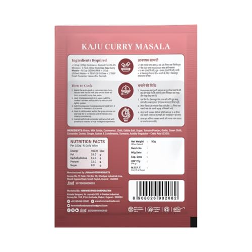 Image of Hommies Dhaba Kaju Curry Masala Spice Mix | Ready to Cook in 15 Mins | Just Add Paneer & Milk | Shahi Cashew Curry Masala | Serves 4 | Made with Cashew Nuts | No Preservatives | Pack of 4 (200g, 50g Each)