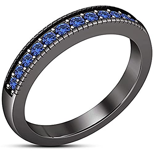 Princess & Round Cut Created Blue Sapphire His & Hers 3-pcs Engagement Ring Band Set 925 Sterling Silver 14K Black Gold Plated4