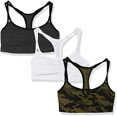 Fruit of the Loom Women's Adjustable Shirred Front Racerback Sports Bra, Camo/White/Charcoal With Black, 36