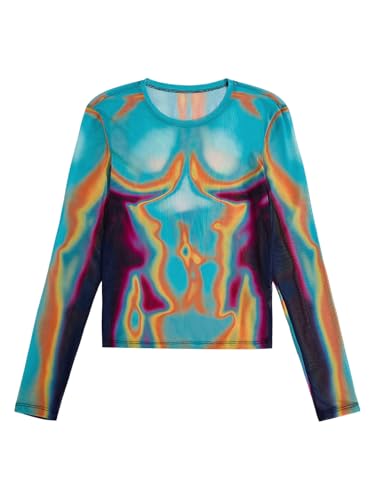 WDIRARA Men's Mesh Shirts Long Sleeve Rave See Through Tee Crewneck Party Club Wear Top Multicolour