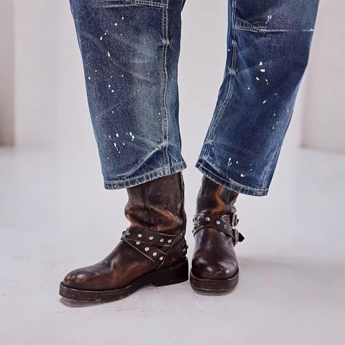 Agodor Women's Mid Calf Boots Chunky Low Heel Riding Buckle Boot for Women Squared Toe Motorcycle Boots Slip On Riding Biker Booties4