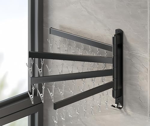 Wall-Mounted Clothes Drying Rack - Heavy-Duty Collapsible Laundry Rack, Punch-Free Installation, Space-Saving Design, Holds 220lbs for Bathroom, Patio & Laundry Room (White, 2 Shots, Horizontal Bar)