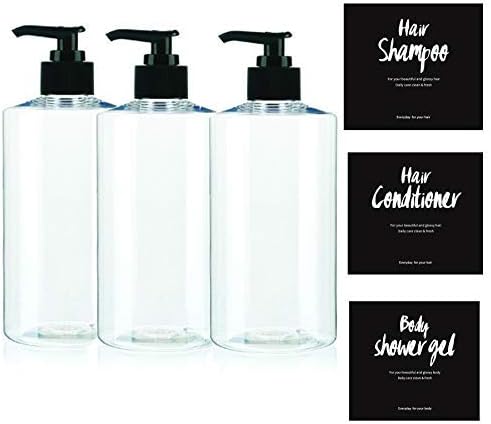 AMOCHY Bathroom Refillable Empty Dispenser PET Plastic Bottles,Shampoo,Conditioner,Body wash,Liquid Soaps 3 Packs 17.5 oz with 3 Hand Lettering Series Waterproof Labels