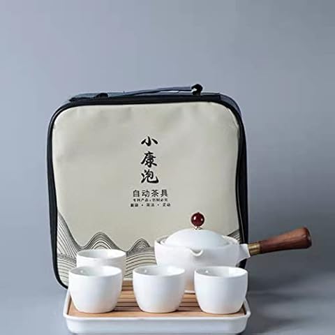 Scizorito Ceramic Portable Travel Tea Set, Chinese Kungfu Tea Set with 360 Rotation Teapot and Infuser, 4 Tea Cups, Bamboo Tea Tray And Travel Bag (Pure White) Cover