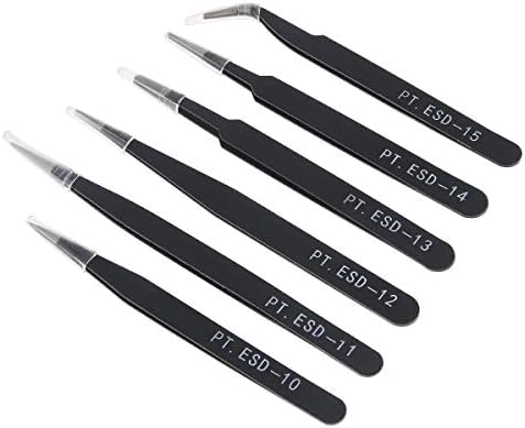 OriGlam 6PCS Precision Tweezers Set, ESD Tweezers Set, Anti-Static Stainless Steel Tweezers, Non-Magnetic Curved Tweezers Set, Electronics Tweezers Kit for Jewelry, Craft, Electronics