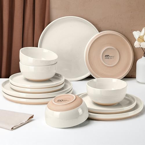 12 Pieces Farmhouse Stoneware Dinnerware Sets, Speckled Ceramic Plates and