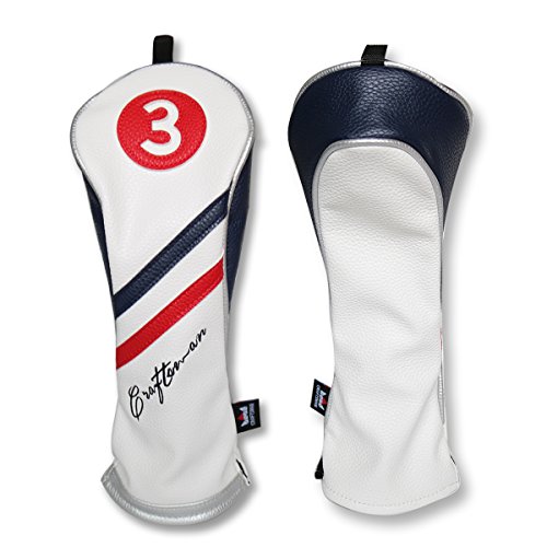 Craftsman Golf White Blue Red Pu Leather Diagonal Stripes Fairway 3 Wood Headcover for All Brands Callaway Big Bertha Cobra Taylormade Ping Mizuno Etc. (3 Wood Headcover)