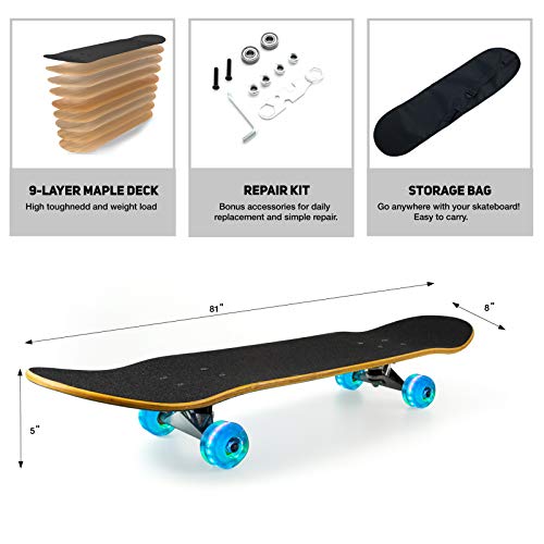 Complete Skateboards for Kids Adults, 31" x 8" Standard Skate board with Colorful Flashing Wheels for Beginners Boys Girls age 7+, 9 Layer Canadian Maple deck Pro Longboard Skateboards with Repair Kit - Thumbnail 7