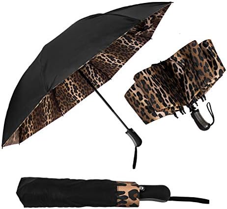 StrombergBrand Reversible Leopard Umbrella, Windproof Leopard Print Inverted Folding Umbrella, Compact Automatic Open and Close Umbrellas for Women, Animal Print Upside Down Mini Folding Umbrella