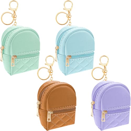 Aswewamt 4 Pcs Mini Backpack Cosmetic Bag Keychain PU Leather Lipstick Holder Cute Case Coin Purse Wallet Card Holder Data Cable Organizer Zipper Pouch for Women (Blue+Brown+Green+Purple)