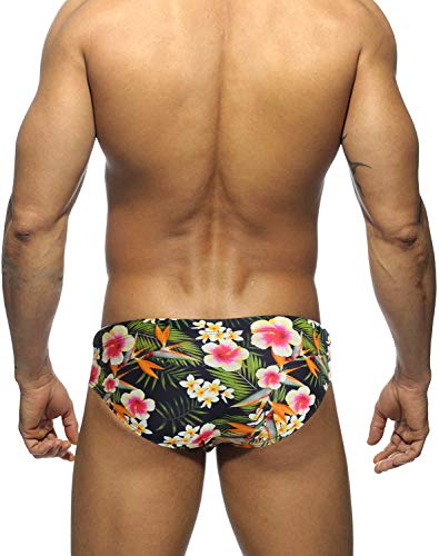 Mizok Men's Floral Swimsuits Bikini Briefs With Adjustable Drawstring (L, Flowerblack) #TOP2